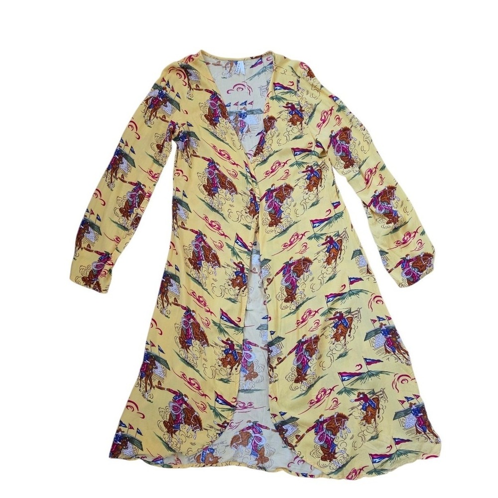 Roper Cowboy Rodeo Print Western Festival Lightweight Boho Open Cardigan sz‎ L